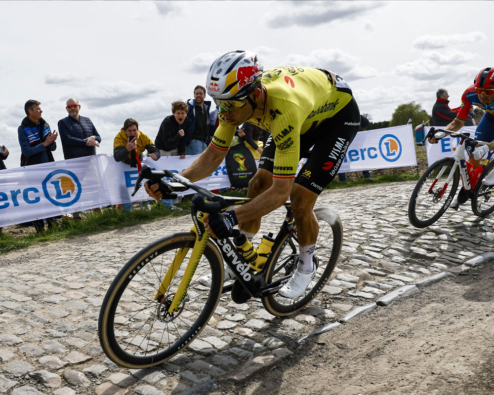 Wout Van Aert riding the cobblestones at Paris–Roubaix 2026